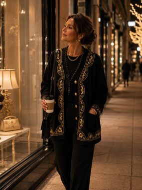 Victoria Jones Woman Black & Gold Embellished Cardigan Sweater Luxury Boutique